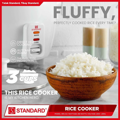 STANDARD RICE COOKER (350W) Plain white 0.6L/3Cups for 1-3 People Use