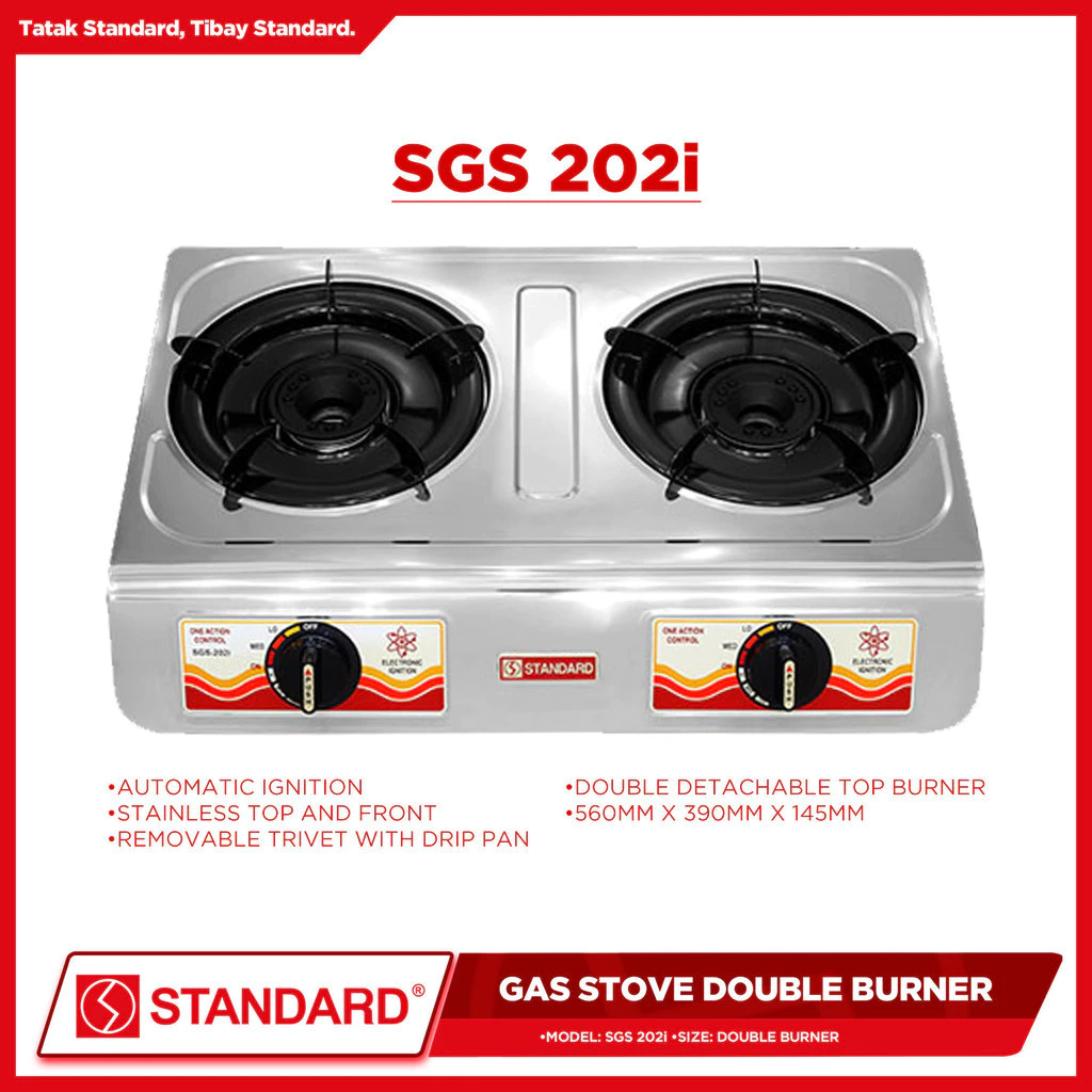 STANDARD GAS STOVE DOUBLE BURNER LPG Automatic Ignition Stainless Steel - (BURNER ONLY) 560mm x 390mm x 145mm