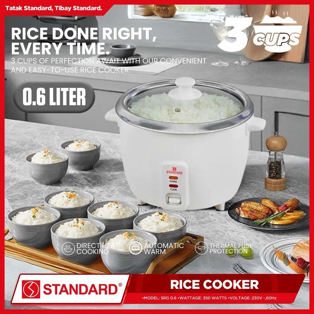STANDARD RICE COOKER (350W) Plain white 0.6L/3Cups for 1-3 People Use