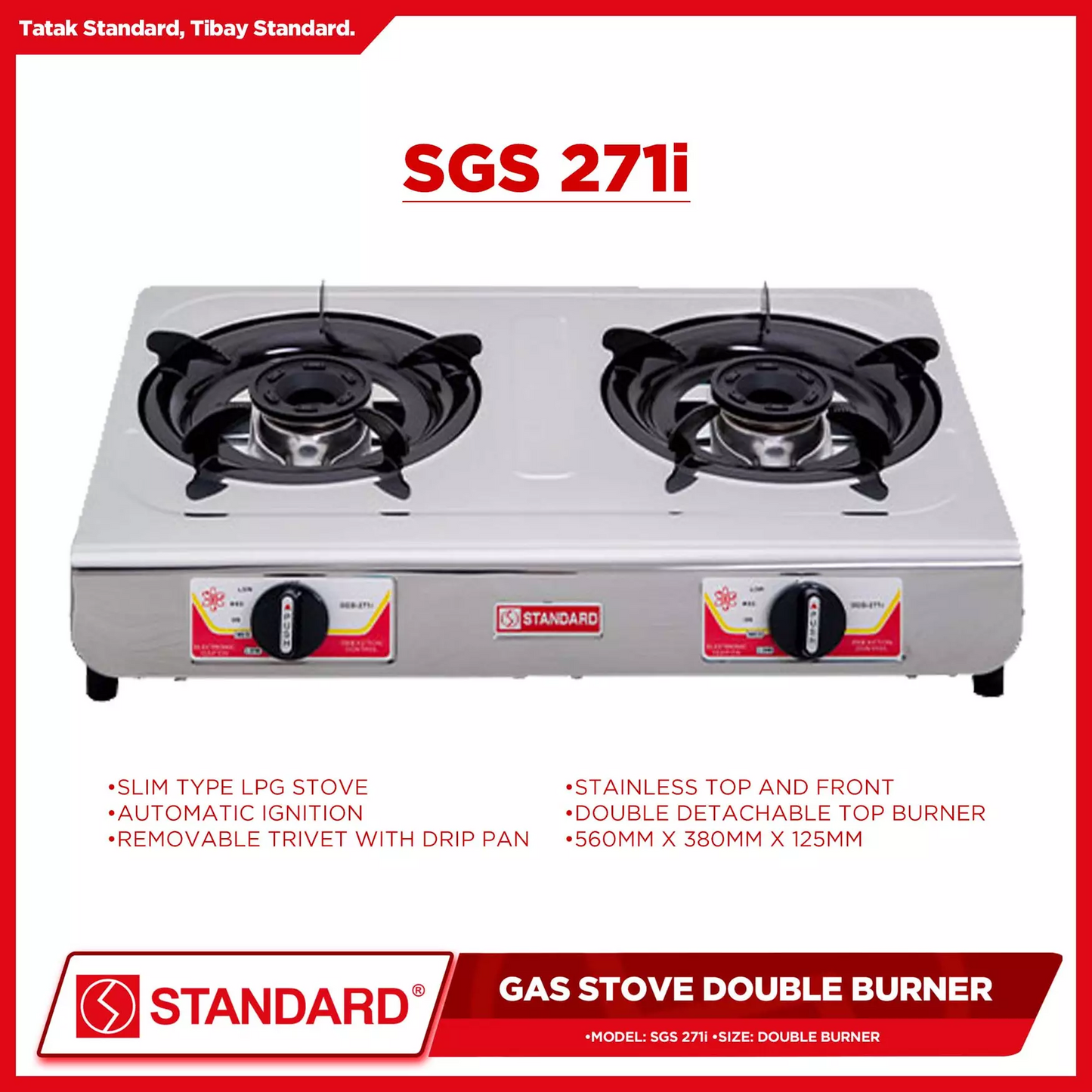 STANDARD GAS STOVE DOUBLE BURNER LPG Stainless Steel Slim Type - (BURNER ONLY) 560 x 380mm x 125mm