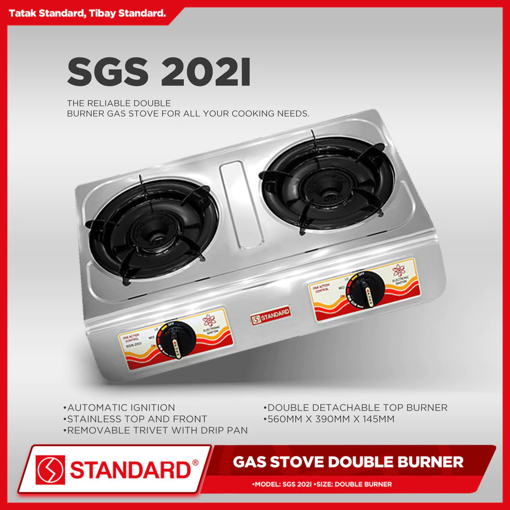STANDARD GAS STOVE DOUBLE BURNER LPG Automatic Ignition Stainless Steel - (BURNER ONLY) 560mm x 390mm x 145mm
