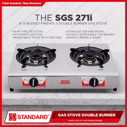 STANDARD GAS STOVE DOUBLE BURNER LPG Stainless Steel Slim Type - (BURNER ONLY) 560 x 380mm x 125mm