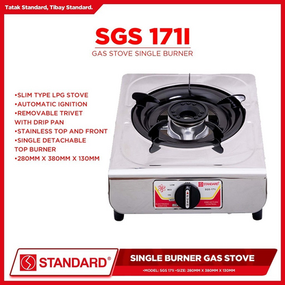 STANDARD GAS STOVE SINGLE BURNER LPG Stainless Steel Slim type - (BURNER ONLY) 280mm x 380 x 130mm