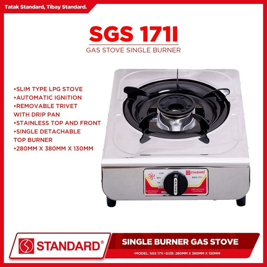 STANDARD GAS STOVE SINGLE BURNER LPG Stainless Steel Slim type - (BURNER ONLY) 280mm x 380 x 130mm