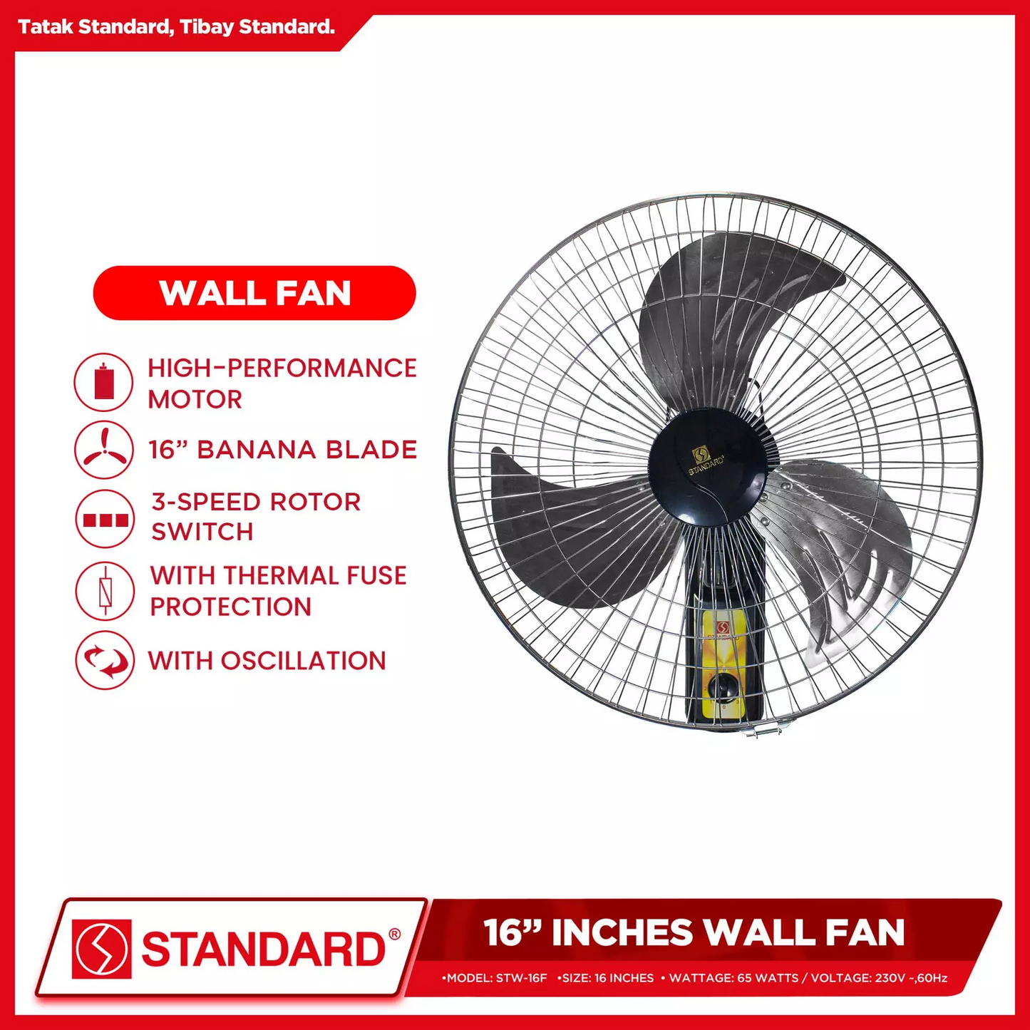 STANDARD ELECTRIC FAN 16" - Wall Fan  Metal Blade STW16F 3 SPEED ROTARY SWITCH