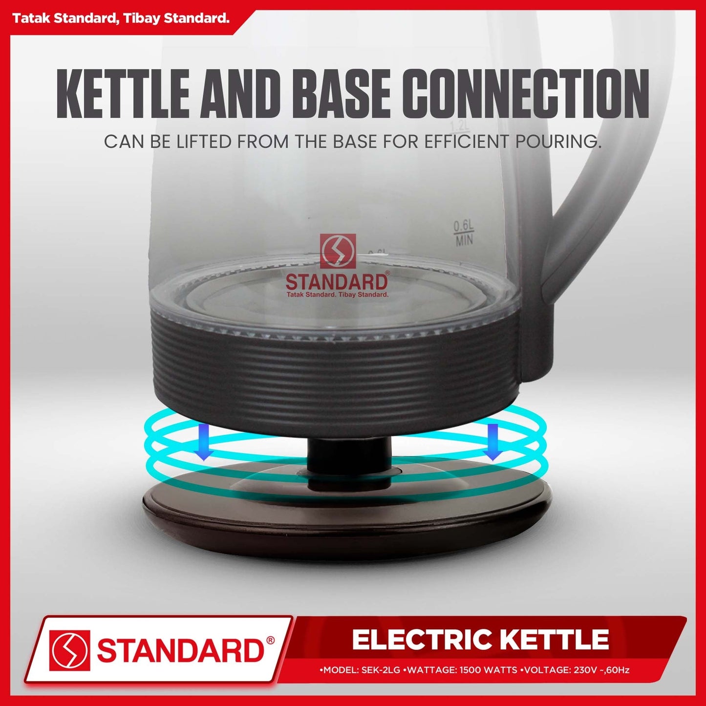STANDARD ELECTRIC KETTLE 2L 1500W - GLASS w/ LED Lights 2L
