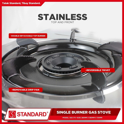 STANDARD GAS STOVE SINGLE BURNER LPG Stainless Steel Slim type - (BURNER ONLY) 280mm x 380 x 130mm