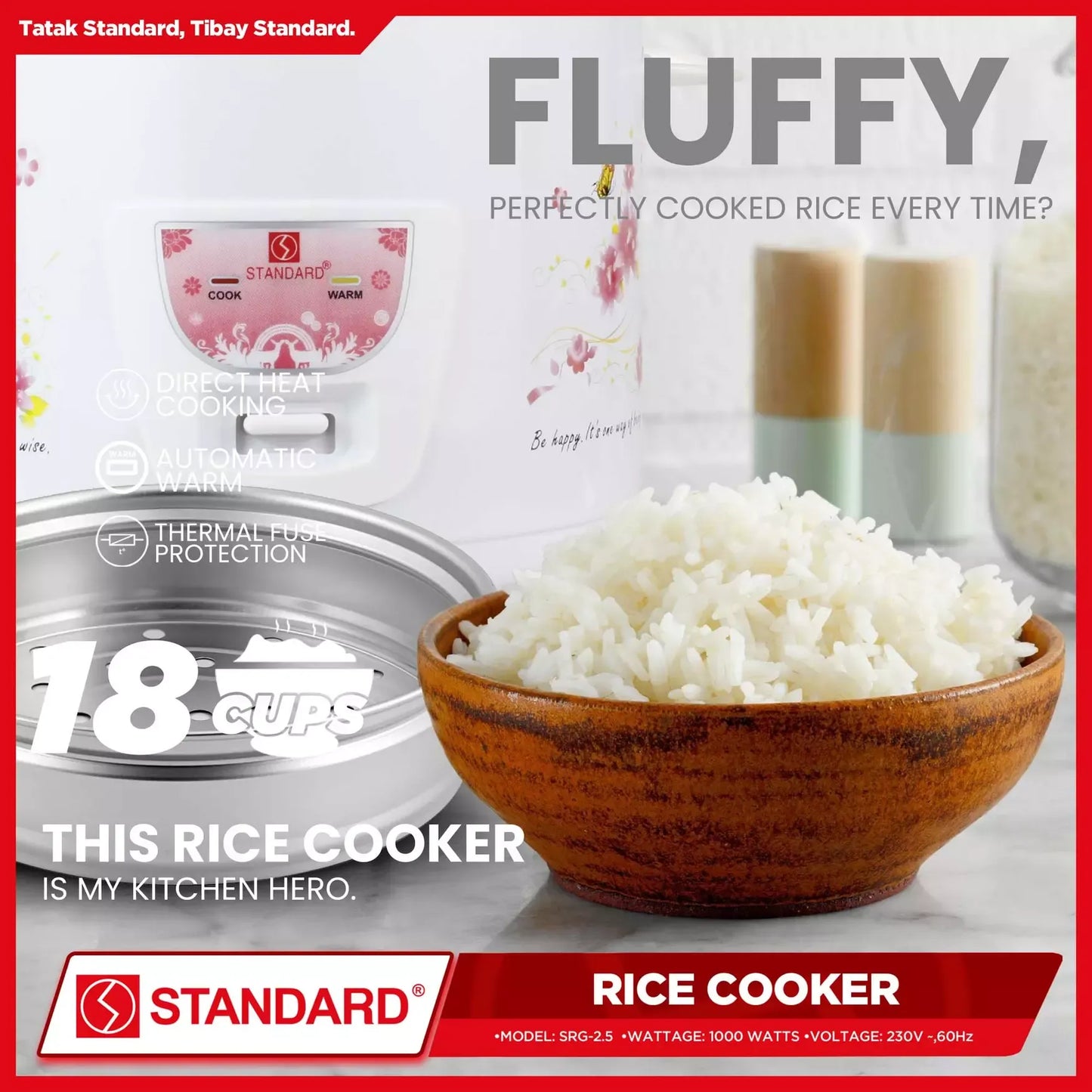 STANDARD RICE COOKER 2.5 Liters with Steamer w/ Free Rice Ladle & Measuring Cup