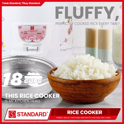 STANDARD RICE COOKER 2.5 Liters with Steamer w/ Free Rice Ladle & Measuring Cup
