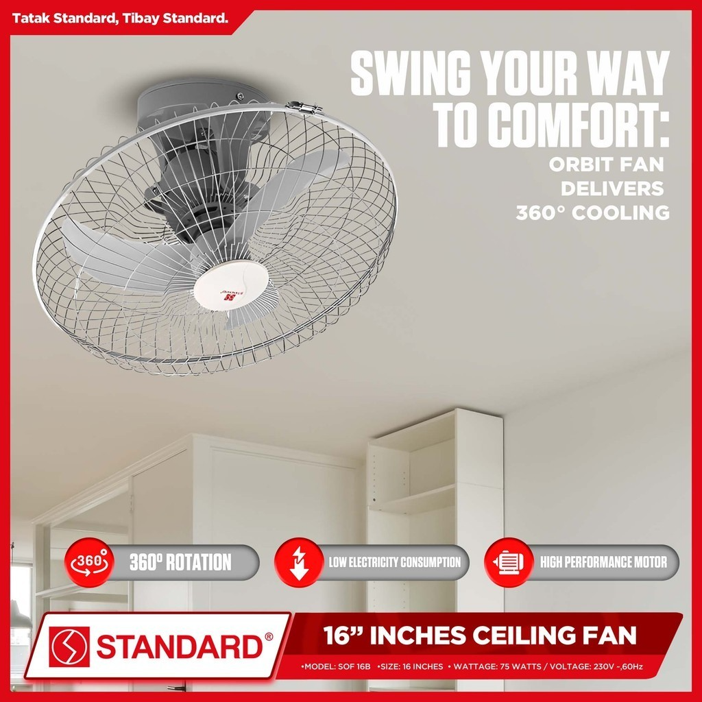 STANDARD ORBIT Ceiling FAN 16" 65WAtts 4 SPEED SWITCH- Plastic Banana Type Blade SOF16B
