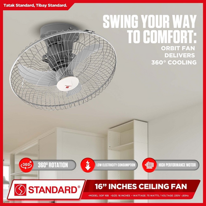 STANDARD ORBIT Ceiling FAN 16" 65WAtts 4 SPEED SWITCH- Plastic Banana Type Blade SOF16B