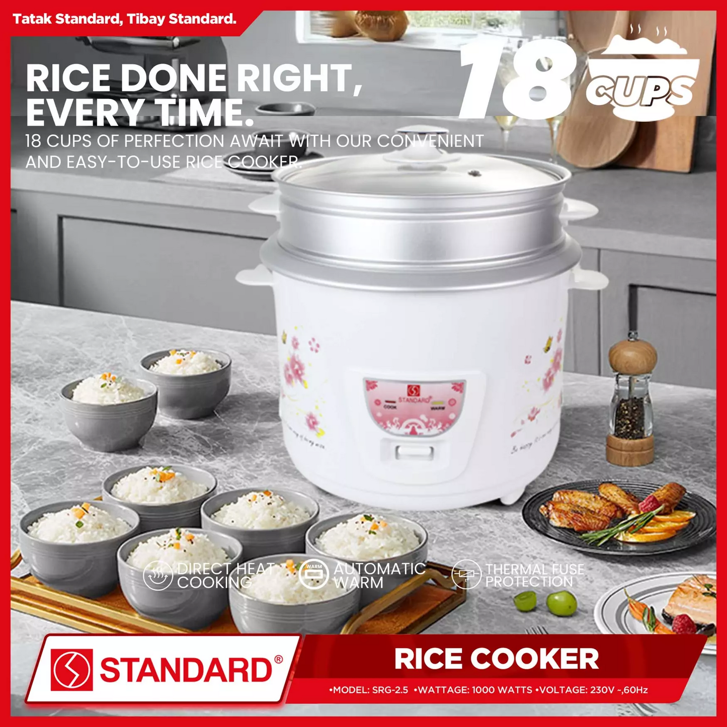 STANDARD RICE COOKER 2.5 Liters with Steamer w/ Free Rice Ladle & Measuring Cup