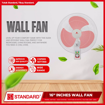 STANDARD ELECTRIC FAN 16" Wall Fan Plastic Blade 3 SPEED ROTARY SELECTION - Red