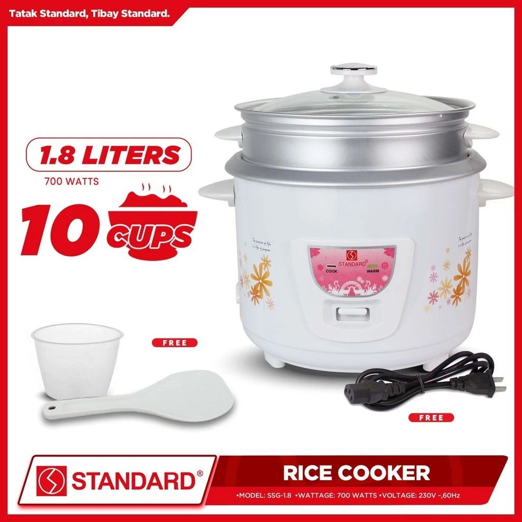 STANDARD RICE COOKER 700W 1.8 Liters with Steamer w/ Measuring Cup & Rice Ladle