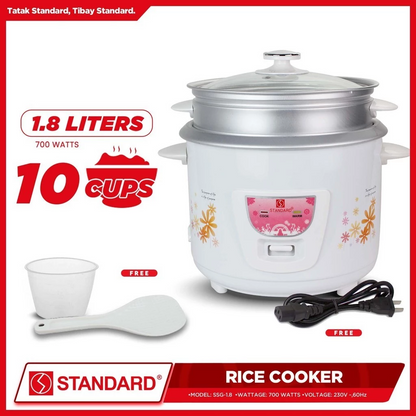 STANDARD RICE COOKER 700W 1.8 Liters with Steamer w/ Measuring Cup & Rice Ladle