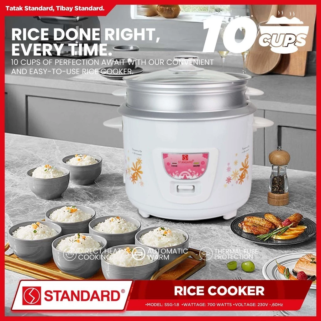 STANDARD RICE COOKER 700W 1.8 Liters with Steamer w/ Measuring Cup & Rice Ladle