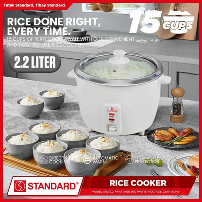 STANDARD RICE COOKER 900W - 2.2L Plain White 15 Cups -GLASS COVER