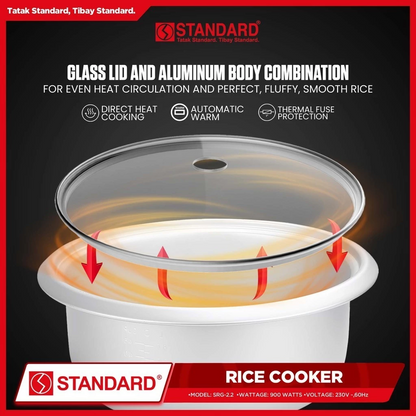 STANDARD RICE COOKER 900W - 2.2L Plain White 15 Cups -GLASS COVER