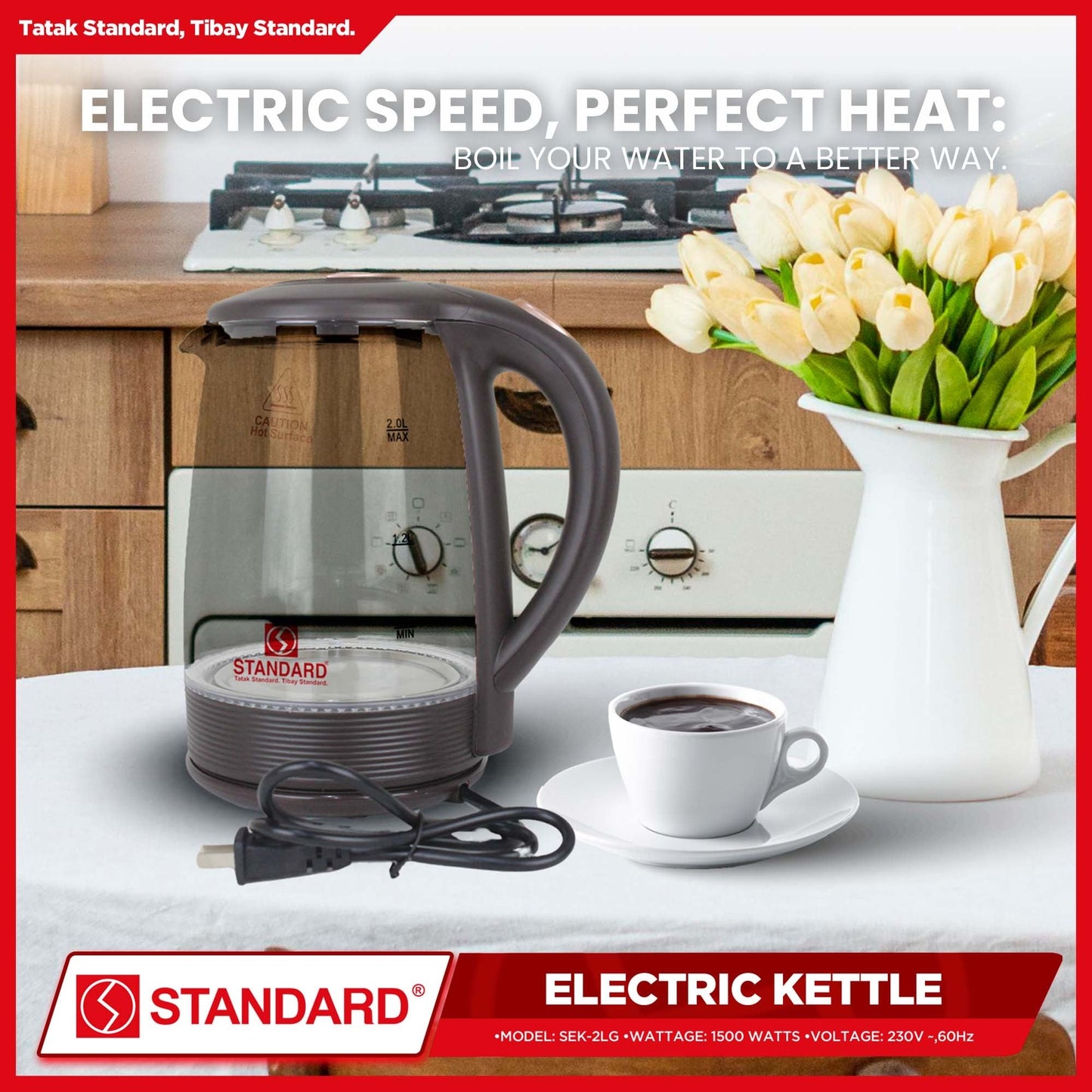 STANDARD ELECTRIC KETTLE 2L 1500W - GLASS w/ LED Lights 2L