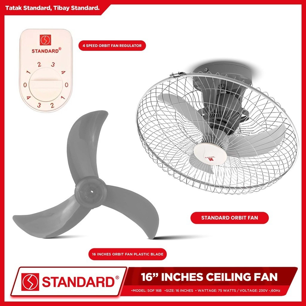 STANDARD ORBIT Ceiling FAN 16" 65WAtts 4 SPEED SWITCH- Plastic Banana Type Blade SOF16B