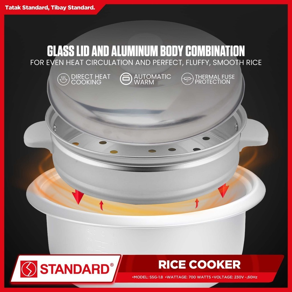 STANDARD RICE COOKER 700W 1.8 Liters with Steamer w/ Measuring Cup & Rice Ladle