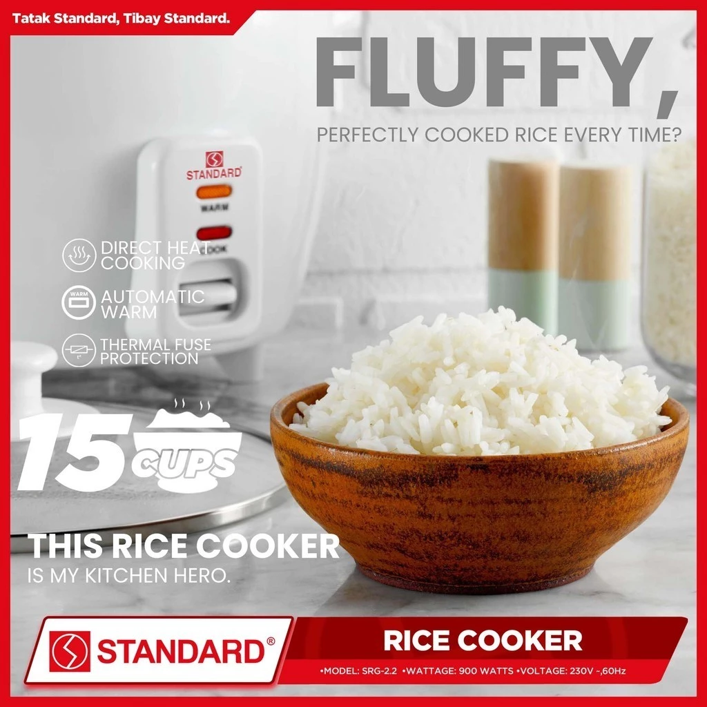 STANDARD RICE COOKER 900W - 2.2L Plain White 15 Cups -GLASS COVER