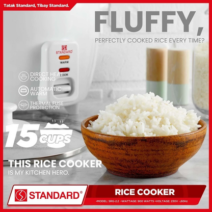 STANDARD RICE COOKER 900W - 2.2L Plain White 15 Cups -GLASS COVER