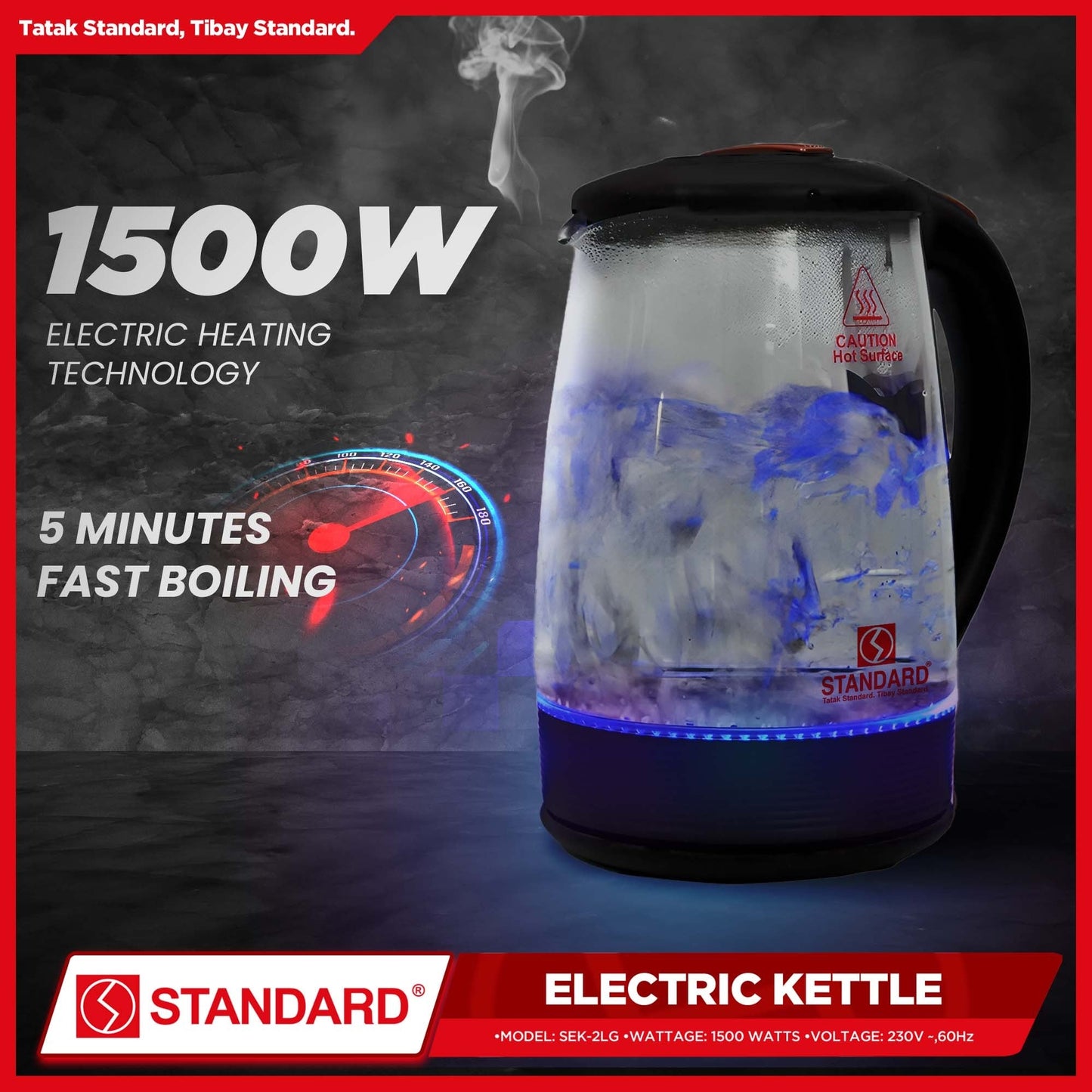 STANDARD ELECTRIC KETTLE 2L 1500W - GLASS w/ LED Lights 2L