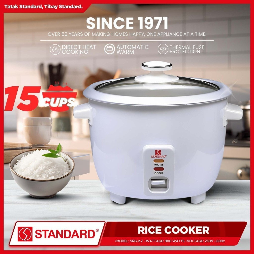STANDARD RICE COOKER 900W - 2.2L Plain White 15 Cups -GLASS COVER