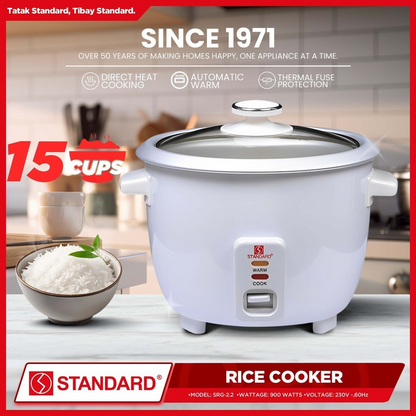 STANDARD RICE COOKER 900W - 2.2L Plain White 15 Cups -GLASS COVER