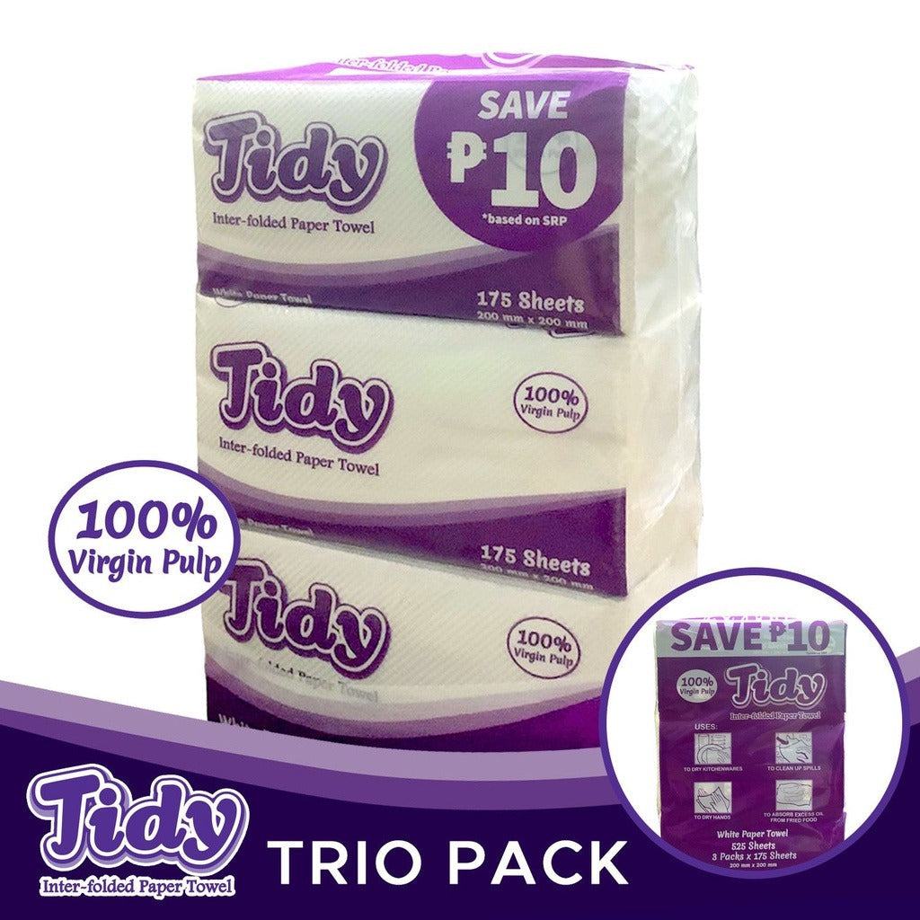 Tidy Trio Pack Inter-Folded Paper Towel White 3 x 175 Sheets - Bundle of 2 or 8