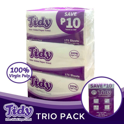 Tidy Trio Pack Inter-Folded Paper Towel White 3 x 175 Sheets - Bundle of 2 or 8
