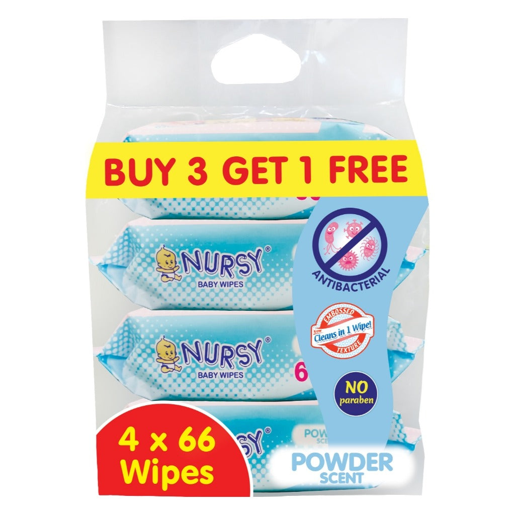 Nursy Baby Wipes in Powder Scent 4 pcs x 66 wipes - BUNDLE OF 2 or 6