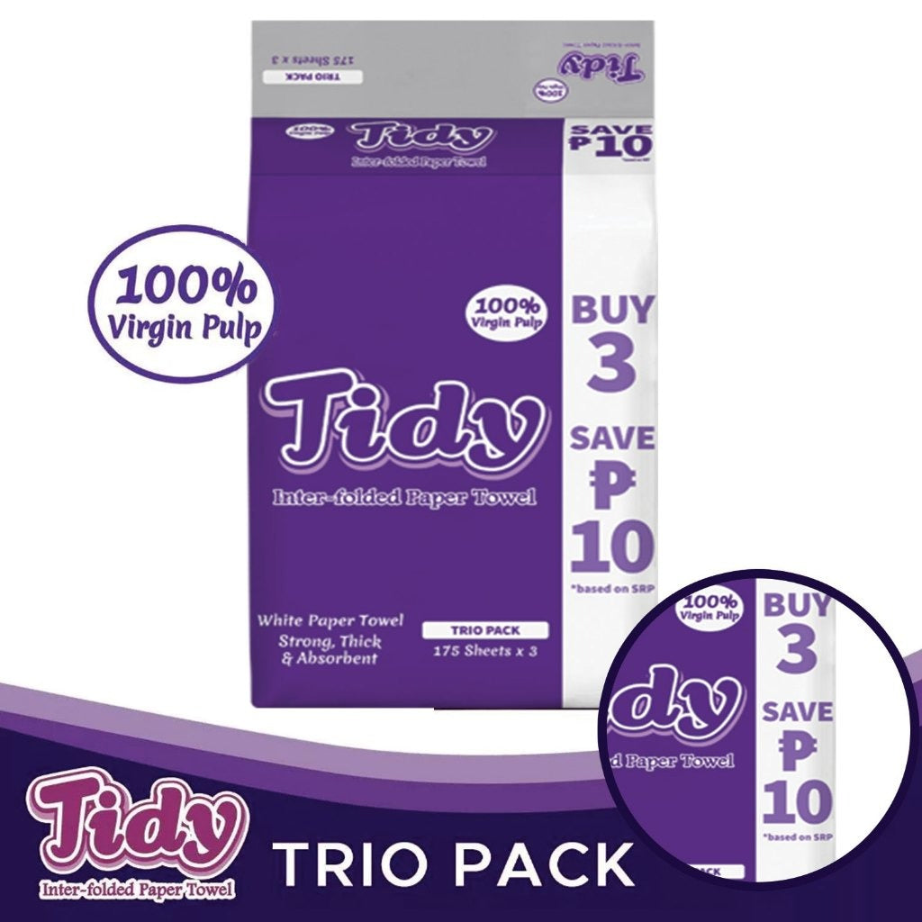 Tidy Trio Pack Inter-Folded Paper Towel White 3 x 175 Sheets - Bundle of 2 or 8