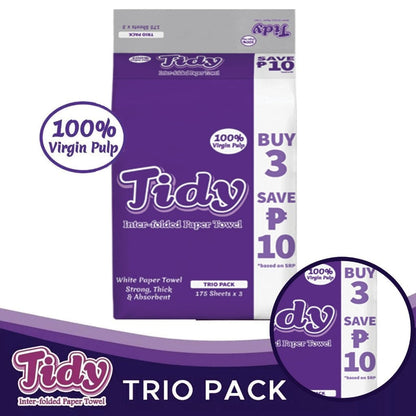 Tidy Trio Pack Inter-Folded Paper Towel White 3 x 175 Sheets - Bundle of 2 or 8