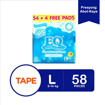 EQ Colors Jumbo Pack 58's Tape Baby Diapers (9-14kg) - Large