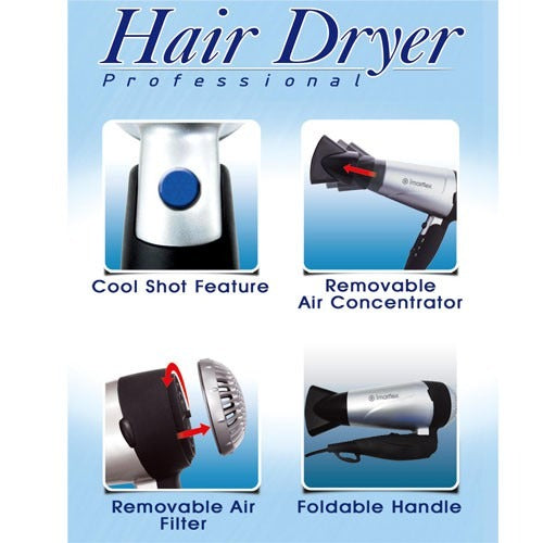 IMARFLEX Professional Hair Dryer HD-1600 - FOLDABLE HANDLE 2 HEAT FLOW NON SLIP GRIP HANDLE