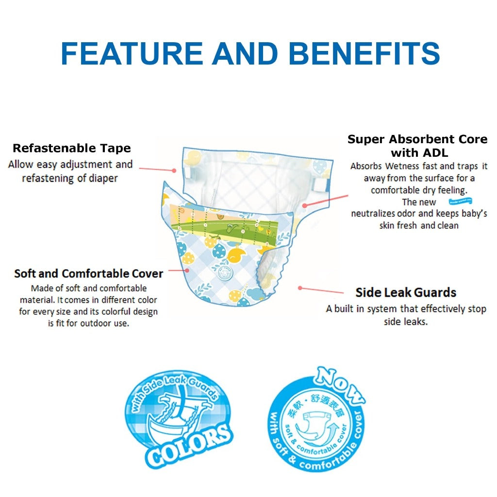 EQ Colors Jumbo Pack 58's Tape Baby Diapers (9-14kg) - Large