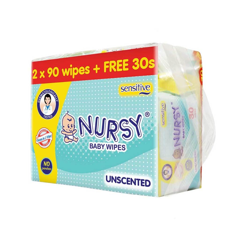 Nursy Baby Wipes Unscented 90s x 2 + 1 Free 30 wipes - BUNDLE OF 2 or 8