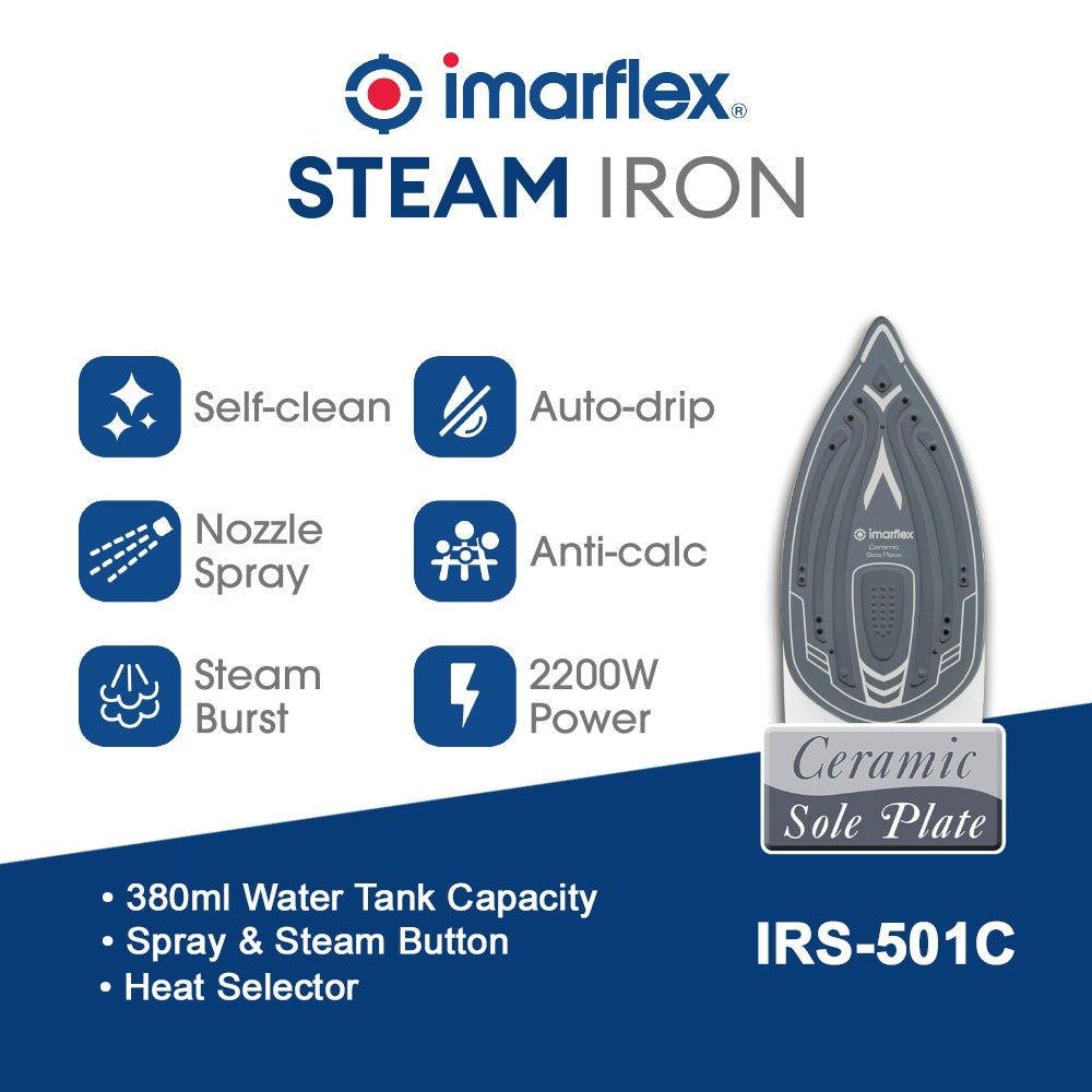 IMARFLEX Steam Flat Iron IRS-501C - CERAMIC SOLEPLATE 2200W Spray and Steam Button 380ML Water Tank Capacity
