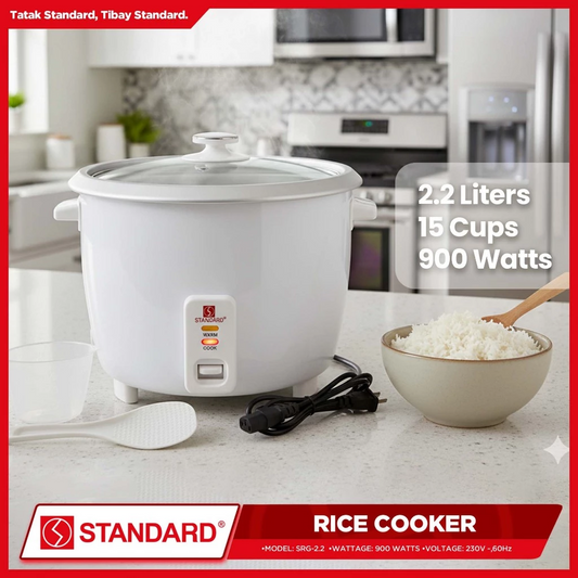 STANDARD RICE COOKER 900W - 2.2L Plain White 15 Cups -GLASS COVER