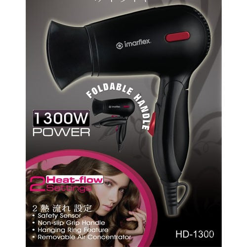 IMARFLEX Portable Hair Dryer HD-1300 - FOLDABLE HANDLE (BLACK)  2 HEAT FLOW NON SLIP GRIP HANDLE