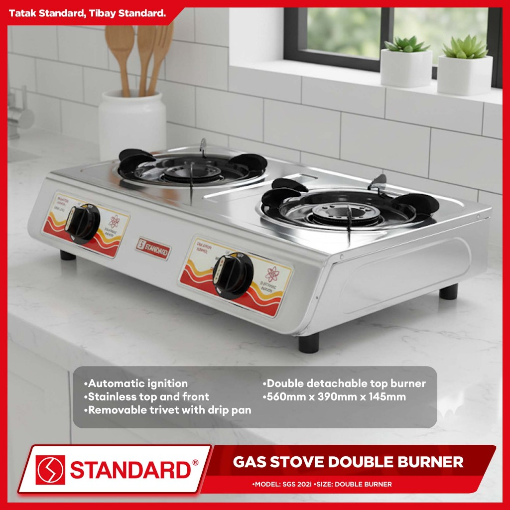 STANDARD GAS STOVE DOUBLE BURNER LPG Automatic Ignition Stainless Steel - (BURNER ONLY) 560mm x 390mm x 145mm