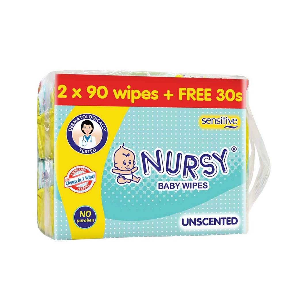 Nursy Baby Wipes Unscented 90s x 2 + 1 Free 30 wipes - BUNDLE OF 2 or 8