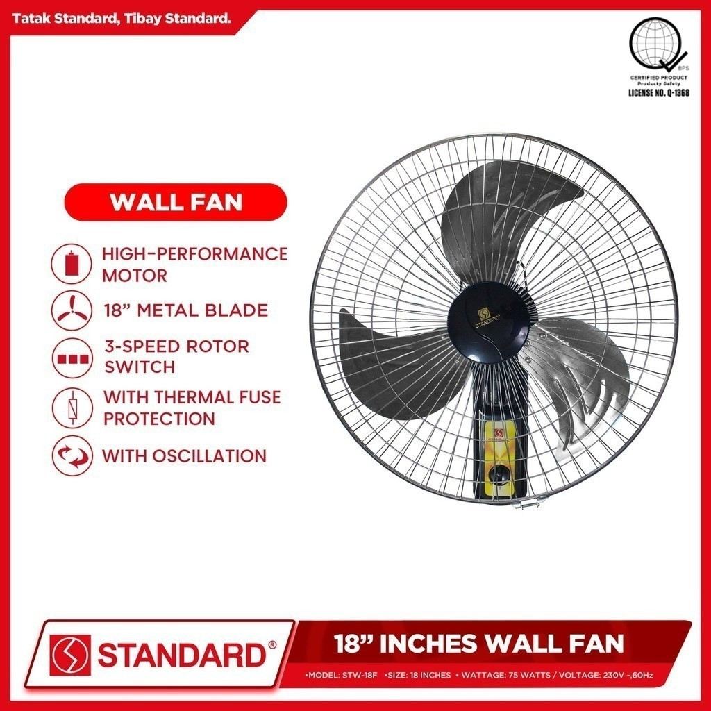 STANDARD ELECTRIC FAN 18" - Wall Fan Metal Blade 3 SPEED ROTARY SWITCH