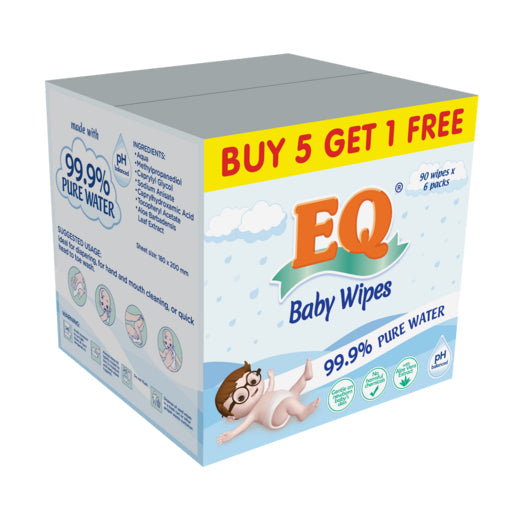 EQ BABY WIPES 99.9% PURE WATER 90 x 6 - BUNDLE OF 6